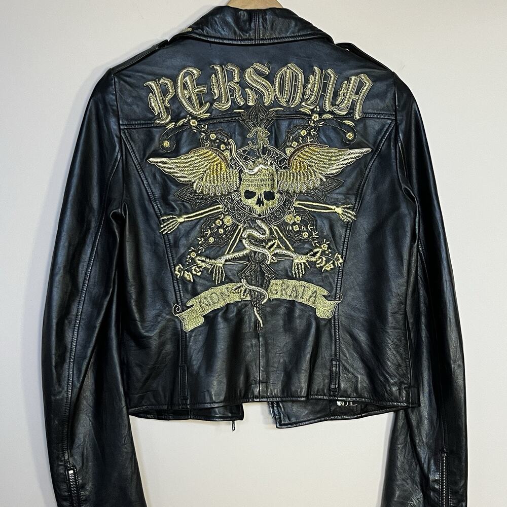 John Richmond Leather Jacket Persona Non Grata Embroidered Black/Gold 42 / 6 US